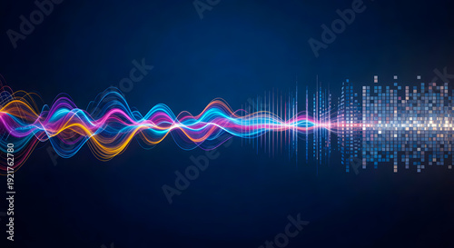 An abstract visualization beautifully illustrates vibrant, colorful sound waves or energetic data streams gracefully transforming into a sophisticated digital pixelated pattern against a deep blue bac