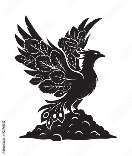 Black Silhouette of a Phoenix Bird.