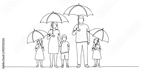 Continuous single line drawing of a family holding an umbrella. Line art style illustration.
