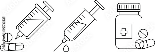 Medical supplies including syringes and a medicine bottle