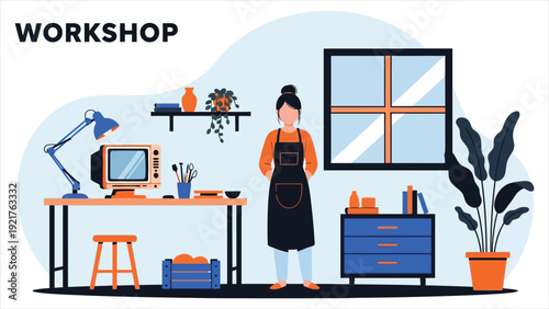  Woman preparing for a class in a creative art workshop at home. Flat vector illustration