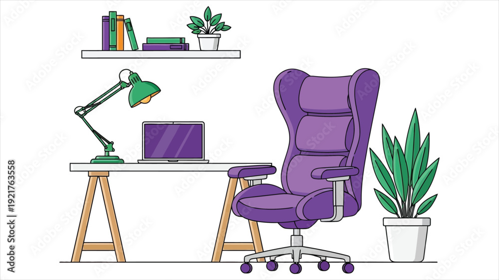 Fototapeta premium Comfortable home office setup. Desk, chair, lamp, and plants creating a productive workspace. Flat vector illustration