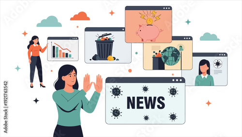  Blocking unwanted news concept. Young woman filtering social media and digital content. Flat cartoon vector illustration