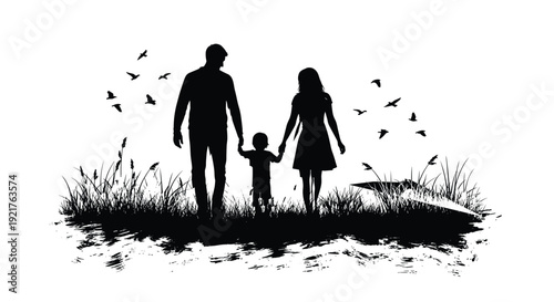 Silhouette of a happy family with father, mother, and child walking through a meadow with birds for a peaceful scene.