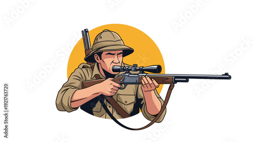 Professional hunter in traditional safari attire aims a sniper rifle with a telescopic sight while focused on his distant target.