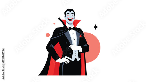 Dashing cartoon vampire with a classic black cape and sharp fangs smiles charismatically against a stylized background, perfect for Halloween themes.