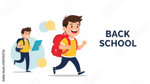 Enthusiastic young boy wearing a bright yellow shirt and red backpack runs excitedly toward school, celebrating the start of a new academic year.