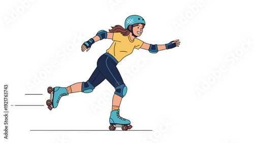 Active young girl wearing protective gear and a blue helmet glides smoothly while roller skating, demonstrating great balance and athletic skill.