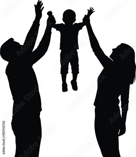Silhouette of a Happy Family with Mother and Father Lifting Their Young Child High in the Air for Parenthood Joy Unity and Love Concept