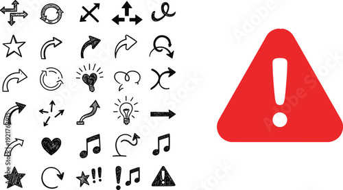 Hand drawn arrow icons, warning sign triangle, light bulb idea, music notes, heart symbols, vector illustration isolated on white background, sketch style