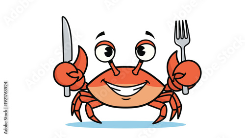 Happy red crab cartoon character holds a silver knife and fork in its claws, appearing ready to enjoy a delicious seafood meal or restaurant dinner.