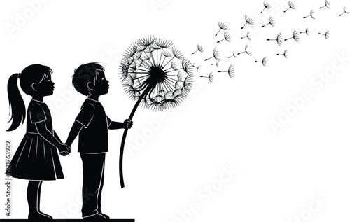 Silhouette of a Little Boy and Girl Holding a Large Dandelion with Seeds Blowing in the Wind for Childhood Innocence Nature and Dreams Concept