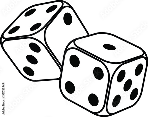 Two white, three-dimensional, detailed dice showing various pips are positioned closely together in a slight tumble against a white background.
