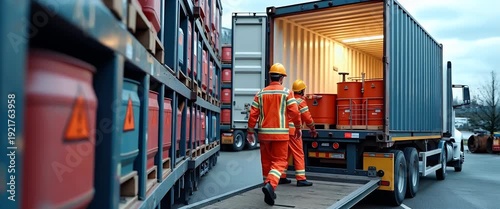 Detailed stock image illustrating dangerous goods handling with trained experts managing hazardous materials specialized containers and rigorous safety protocols ensuring secure transport in  Photo St