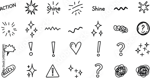 Hand drawn comic expression symbols, sparkle shine elements, exclamation marks, question bubbles, heart and wavy lines vector illustration.