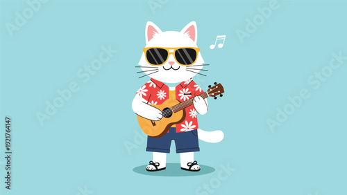 Cool white cat wearing stylish sunglasses and a Hawaiian floral shirt stands on a beach playing a small ukulele, enjoying a relaxing summer vacation.