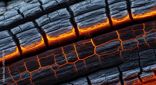 Glowing ember detail, close-up of charred wood texture