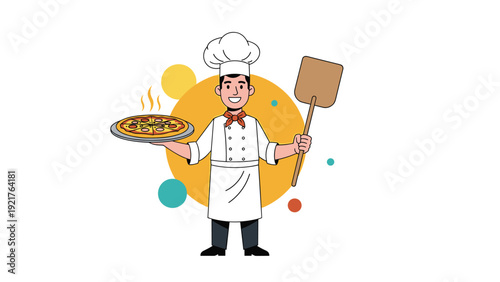 Happy male chef wearing a traditional white uniform and hat presents a hot, steaming pizza on a tray while holding a wooden pizza paddle in his hand.