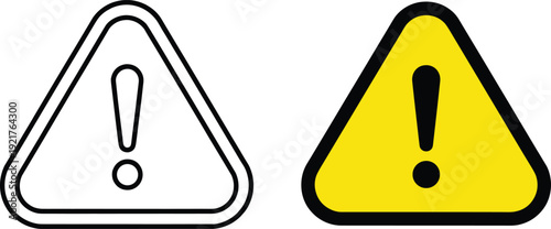 Yellow and outline triangle warning alert exclamation mark icons for caution, hazard, danger and safety notifications, isolated vector illustration