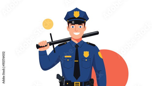 Friendly male police officer in a dark blue uniform and hat stands confidently while carrying a baton over his shoulder, symbolizing safety and law.