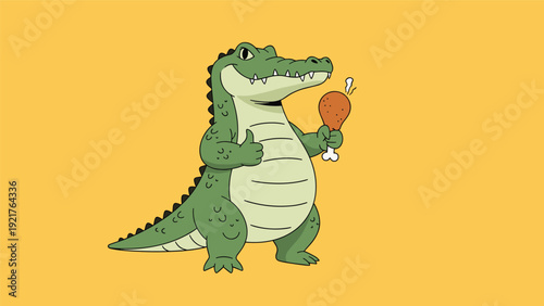Large green crocodile stands upright on a yellow background, happily holding a cooked chicken drumstick while giving an approving thumbs-up sign.