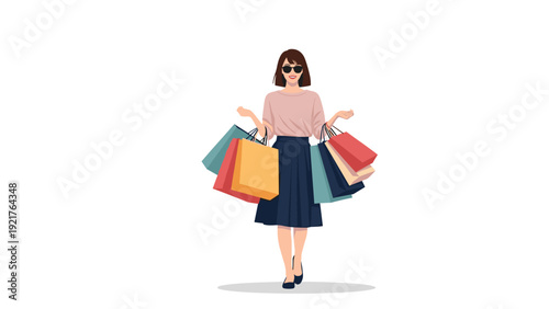 Fashionable woman wearing sunglasses and a stylish outfit carries numerous colorful shopping bags, enjoying a successful day of retail therapy.