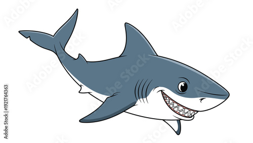 Powerful great white shark with a big toothy grin swims through the water, showing off its predatory strength and iconic fin for marine lovers.