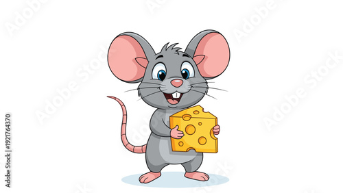 Friendly grey mouse with large round pink ears stands happily while holding a delicious large piece of yellow swiss cheese in its tiny paws.