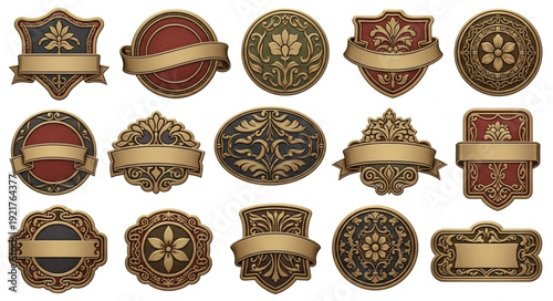 Collection of ornate vintage emblems and badges with blank banners.