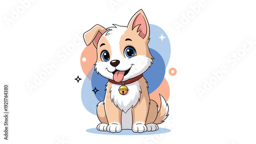 Adorable brown and white puppy wearing a collar with a golden bell sits patiently with its tongue out, looking for a loving home and playmate.