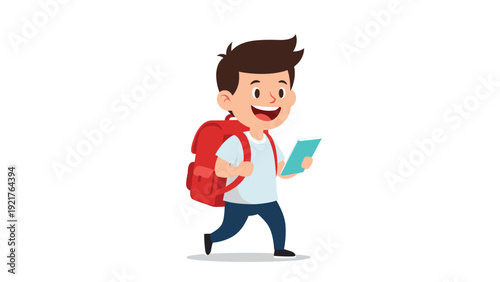 Enthusiastic schoolboy wearing a red backpack and holding a turquoise book runs quickly, showing his eagerness for learning and new school days.