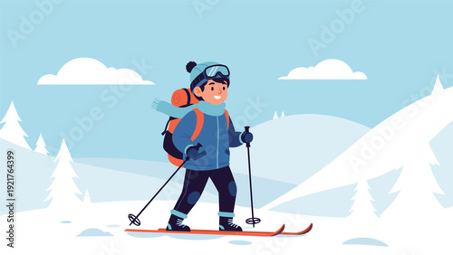 Energetic boy dressed in winter gear, including a blue jacket and goggles, glides down a snowy mountain slope on his bright orange skis.