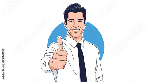 Confident businessman wearing a white shirt and dark blue tie smiles warmly while giving a thumbs-up gesture against a blue circular background.