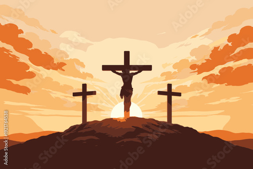 Good Friday Christian Vector Background with Cross Silhouette at Sunset