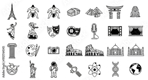 Collection of famous landmarks and cultural icons in silhouette.