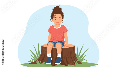 Little girl with curly hair tied in a bun sits happily on a large tree stump in a park with green grass and blue sky.