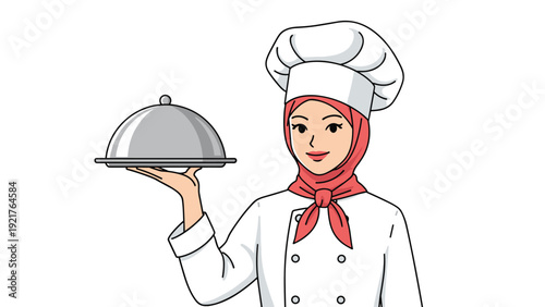 Professional female chef wearing a white uniform and a red hijab presents a delicious meal under a silver cloche platter cover.