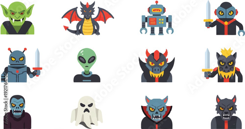 Collection of fantasy creatures and robots in flat design style