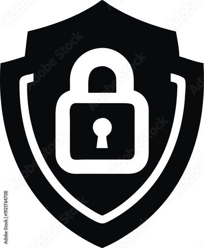 Black closed padlock and shield icon graphic for security and protection concepts vector illustration