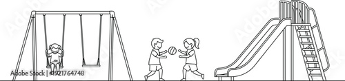 Children playing at playground line art with swing slide and ball game, kids outdoor activity illustration vector set outline design