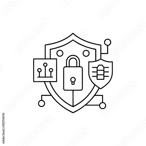 Cyber security concept with shield padlock and network elements symbolizing data protection digital defense and technology infrastructure