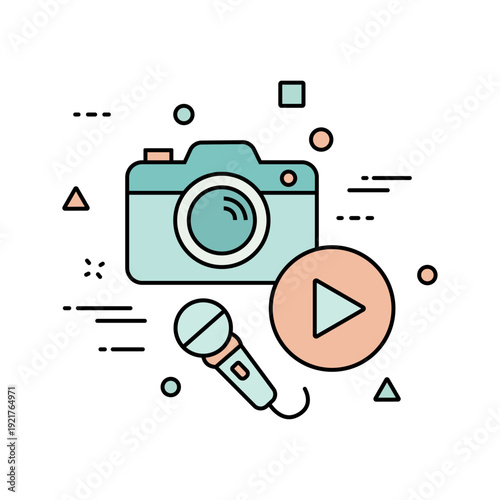 Content Creation and Media Production Concept Flat Line Vector Illustration – Camera, Microphone and Play Button for Video, Podcast and Social Media Marketing