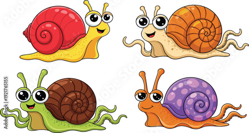 Colorful cartoon snail illustration collection with expressive faces and vibrant shells, perfect for children’s design, educational projects, playful artwork, and creative character graphics