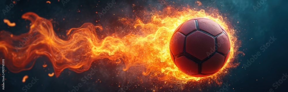 Fototapeta premium Soccer ball engulfed in fire flames, bursting with energy and passion. Dynamic sports concept with intense motion and heat. Power, action, and extreme game atmosphere.