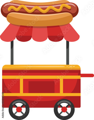 Red and yellow hot dog cart with a large hot dog on and a red canopy food street vendor