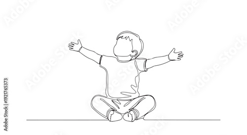 A cute baby sitting on the floor with arms outstretched, a simple line drawing of a happy child in a moment of joy
