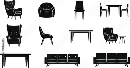 Set of modern furniture silhouettes including comfortable armchairs stylish sofas and dining tables for contemporary home interior design and architectural visualization
