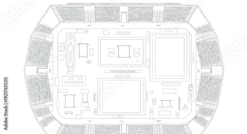 Detailed architectural blueprint plan view illustration depicting the layout of a large multipurpose arena set up for various athletic competitions or events including seating areas
