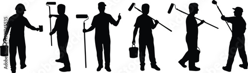 Silhouettes of five workers holding painting tools and buckets in various poses