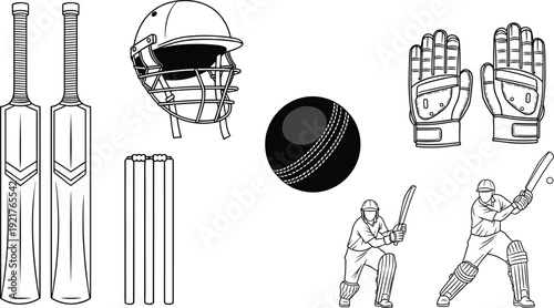 Cricket Equipment and Player Illustration Set, Bat Ball Helmet Gloves Wickets and Batsman Action Isolated on White Background